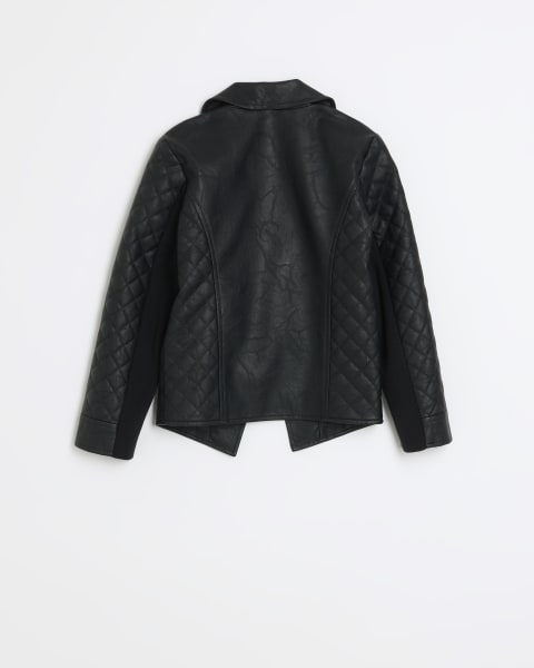 Girls black faux leather quilted blazer