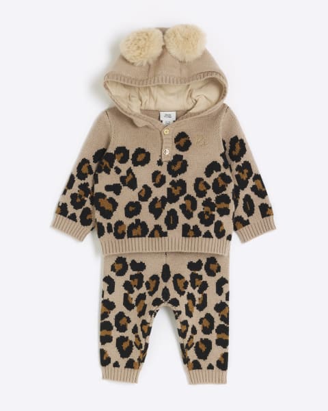 Baby girls brown knitted leopard jumper set
