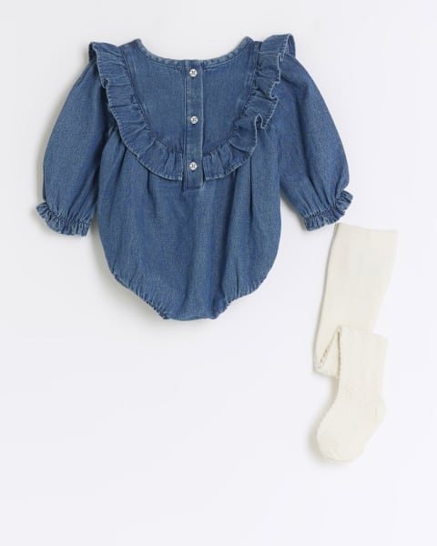 Baby girls blue denim romper and tights set