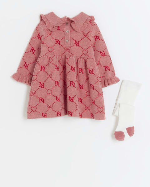 Baby girls pink knitted monogram dress