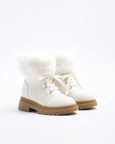 Girls Cream Wide Fit Faux Fur Hiker Boots