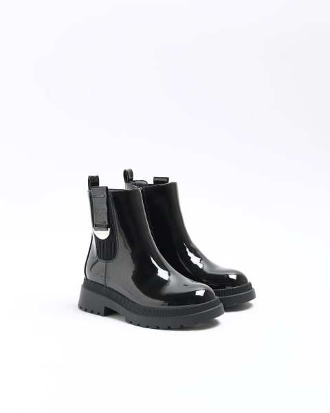 Girls black wide fit patent chelsea boots