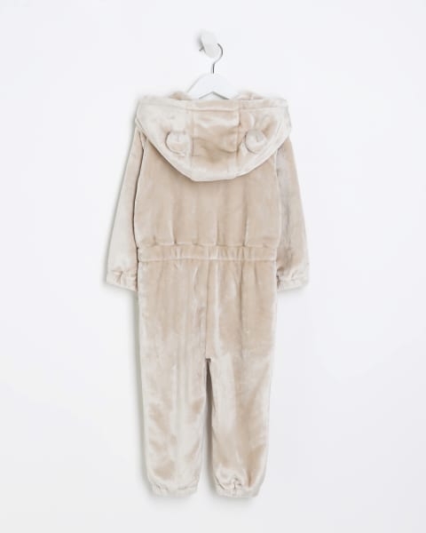 Mini Girls Beige Bear Hooded Cosy Onesie