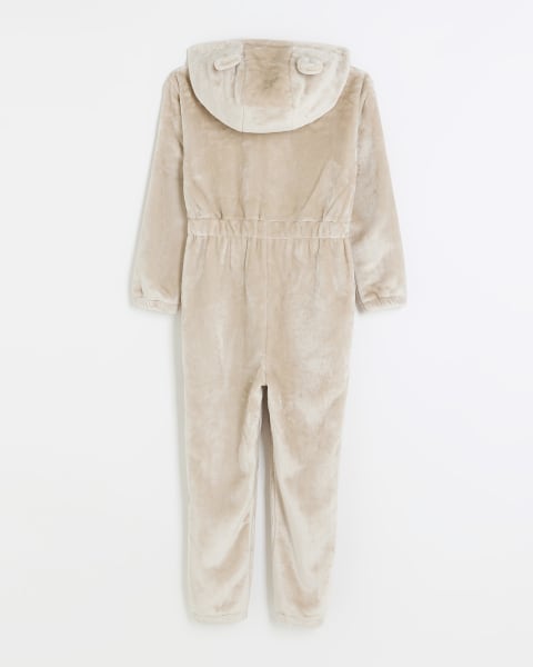 Girls Beige Bear Hooded Cosy Onesie