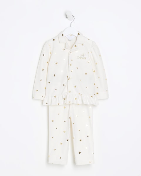 Mini girls Cream Heart Print Pyjama set