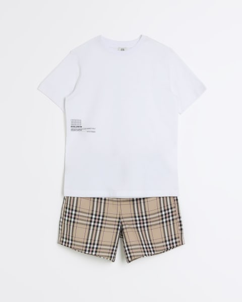 Boys white t-shirt and check shorts set