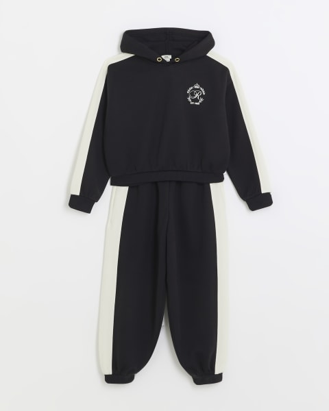 Girls black taped hoodie and joggers set