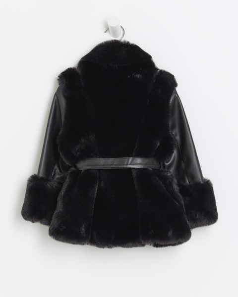 Mini girls black faux fur wrap coat