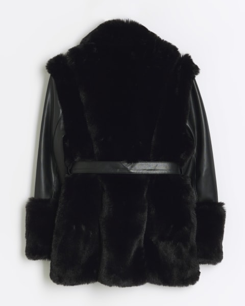 Girls black faux fur wrap coat