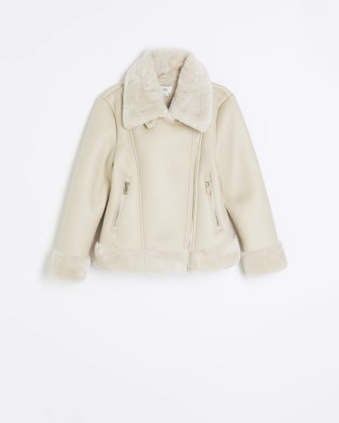 Girls cream faux fur aviator jacket