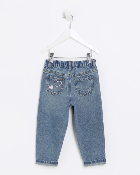 Mini girls blue embroidered heart mom jeans