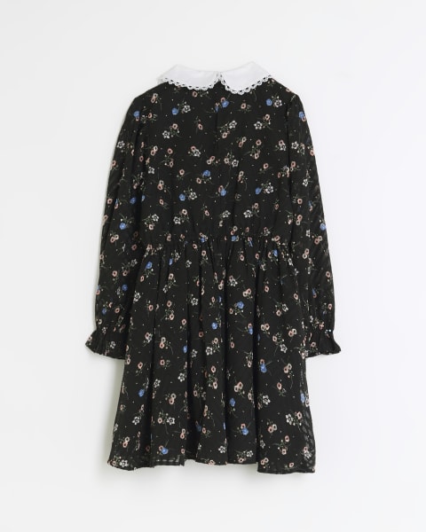 Girls black floral collared shirt dress