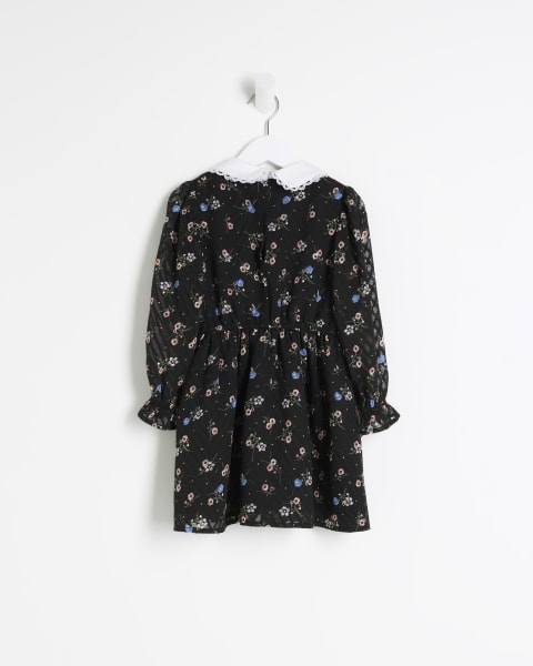 Mini girls black floral collared shirt dress