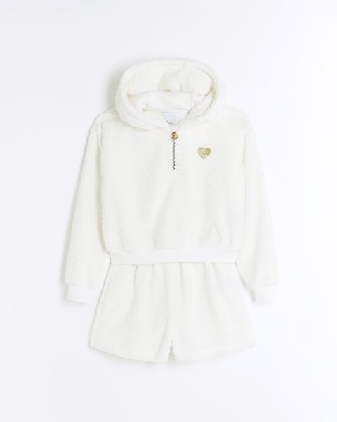 Girls cream cosy hoodie and shorts lounge set