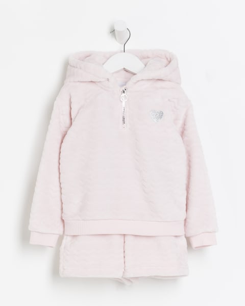 Mini girls pink cosy hoodie and shorts set