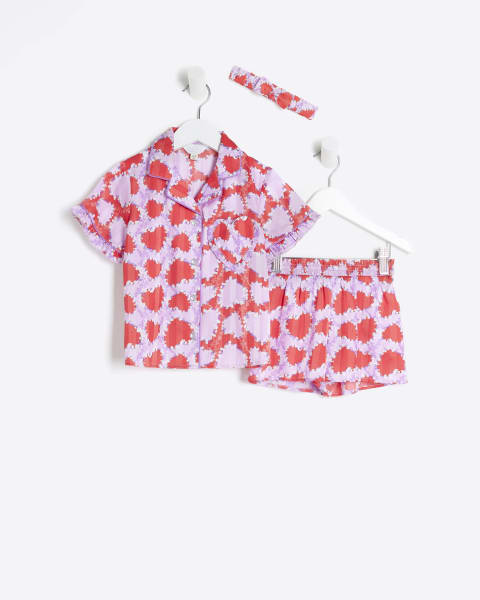 Mini girls Red Floral Heart Satin pyjama set
