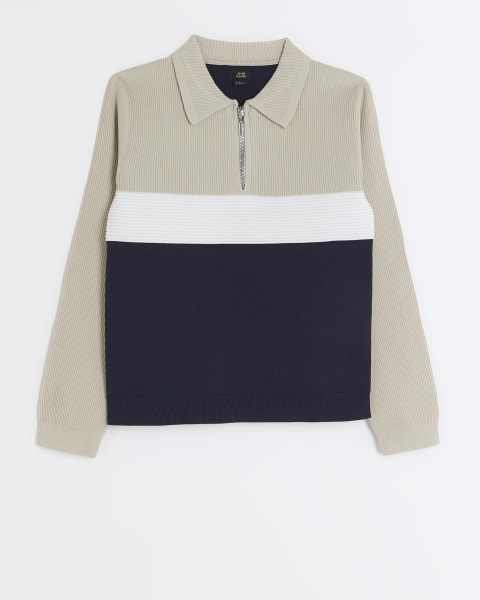 Boys navy knitted colour block polo