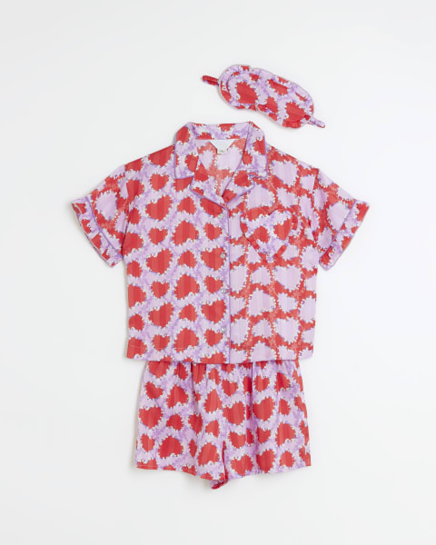 Girls red satin heart 3 piece pyjama set