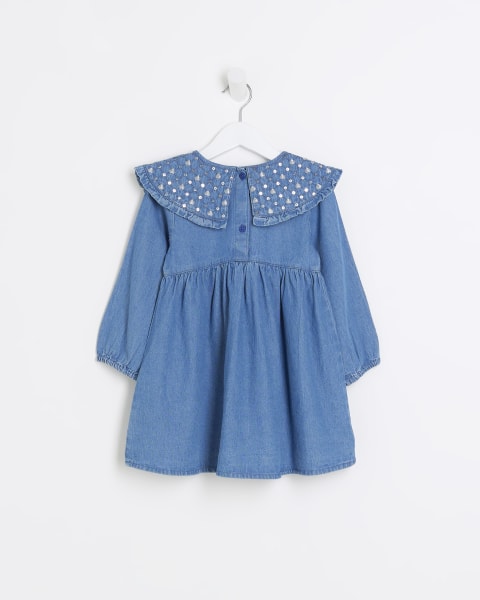 Mini girls blue denim sequin smock dress