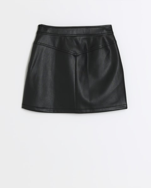 Girls black faux leather seam skirt