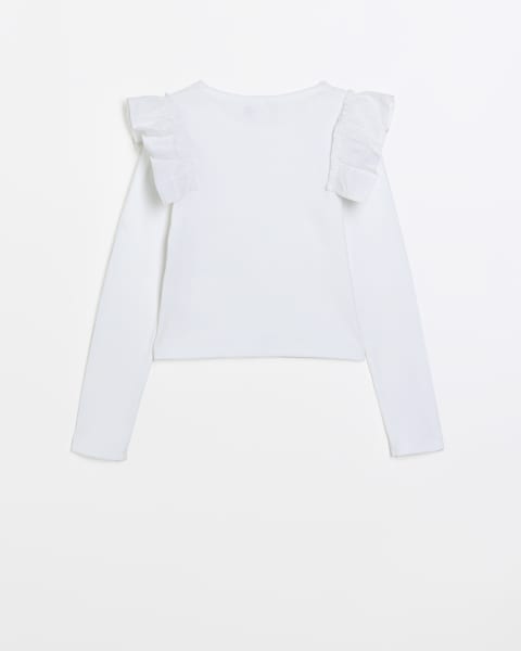 Girls white poplin frill long sleeve top