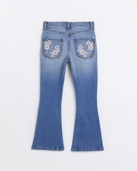 Girls blue floral embroidered flared jeans