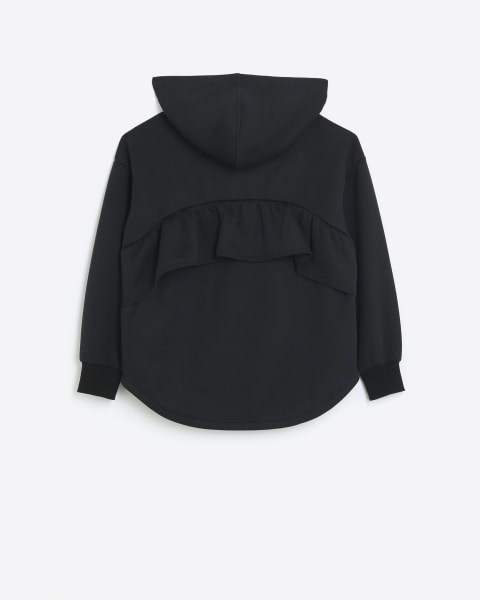 Girls black frill back zip up hoodie