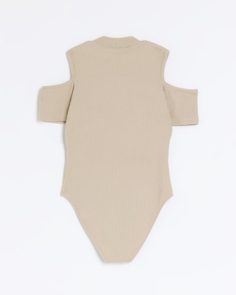 Girls brown ribbed military button bodysuit