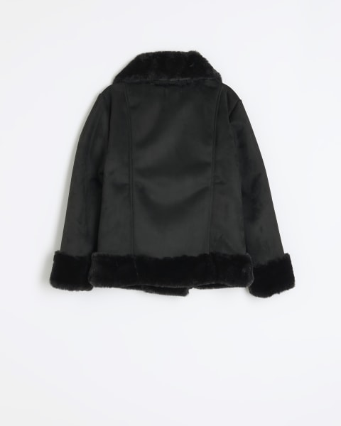 Girls black faux fur aviator jacket