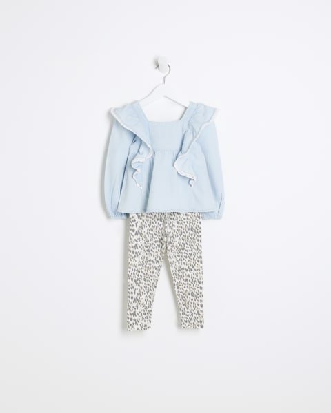 Mini girls blue denim blouse and leggings set