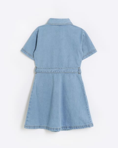 Girls blue denim embellished shirt dress