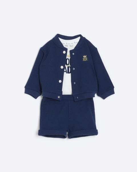 Baby boys navy bomber jacket and shorts set