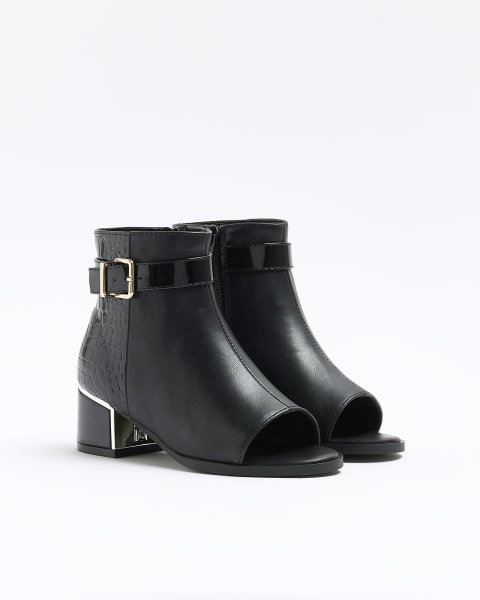 Girls black open toe heeled boots