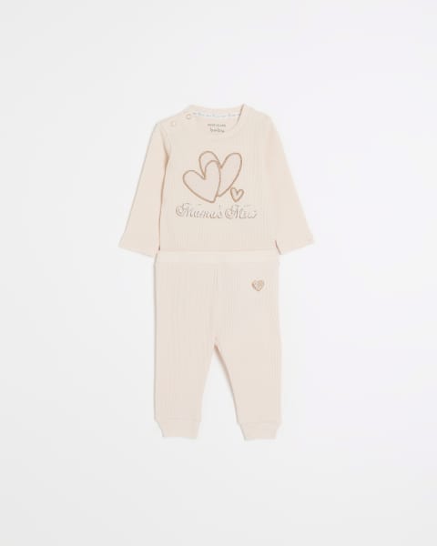 Baby girls pink waffle top and trousers set