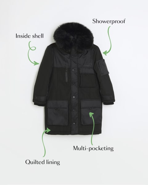 Boys black hooded longline padded jacket