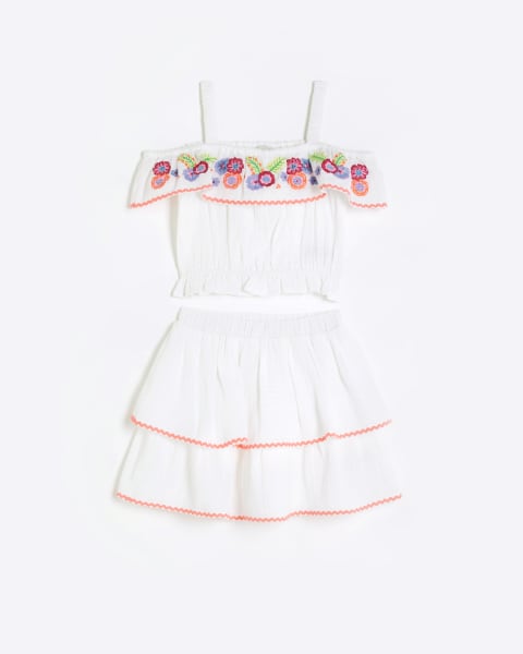 Girls white bardot embroidered skirt outfit