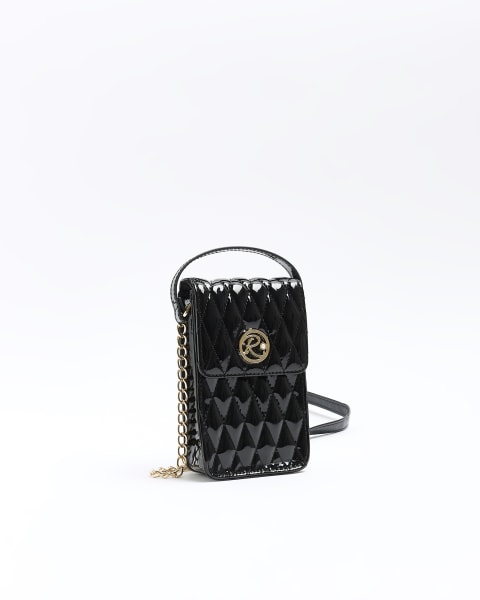 Black patent quilted cross body festival bag