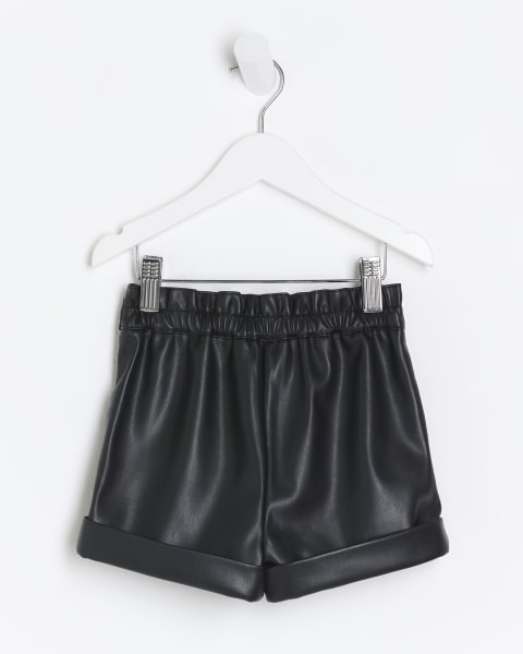 Mini Girls Black Faux Leather Paperbag Shorts