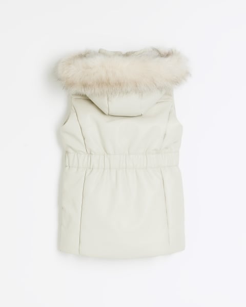 Girls cream faux leather hooded gilet