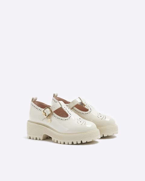 Girls cream wide fit mary jane heeled shoes
