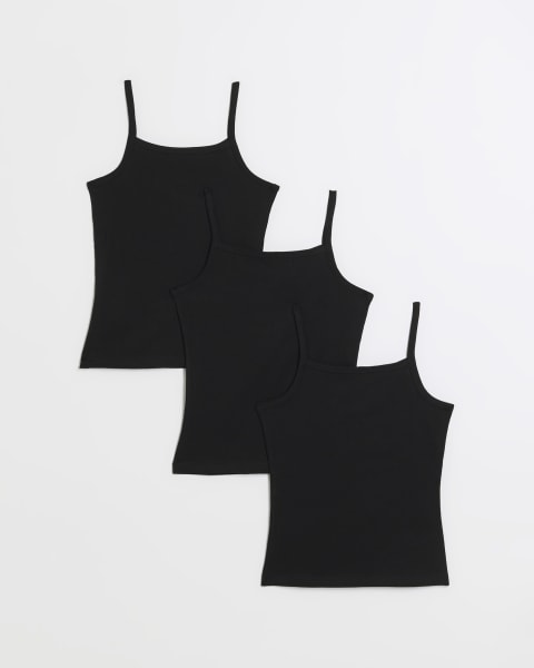 Girls black strappy vests 3 pack