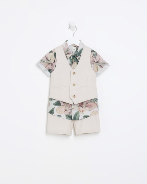 Mini boys cream floral shirt 3 piece suit set