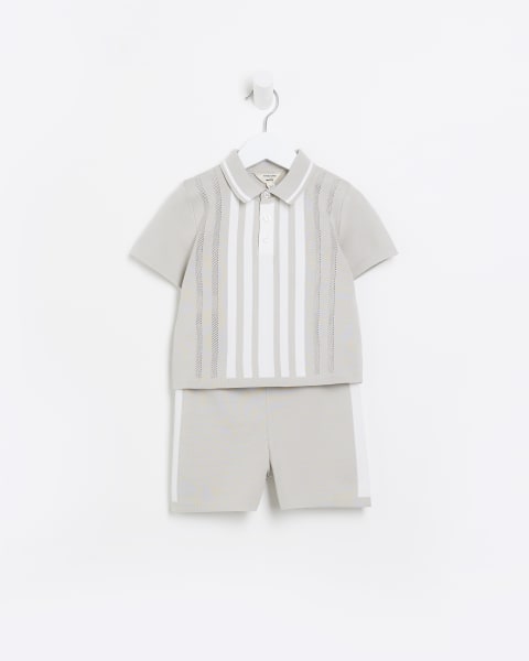Mini Boys Stone Stripe Polo Shirt Set
