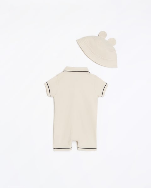 Baby boys stone textured romper and hat set