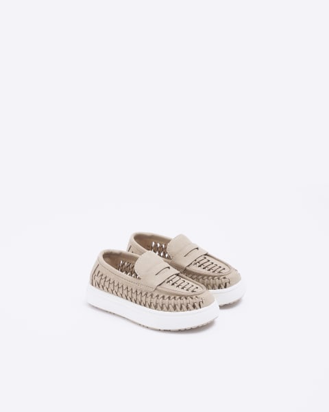 Mini boys beige weave detail loafers