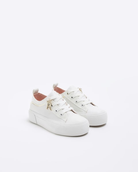 Girls white lace up charm detail trainers