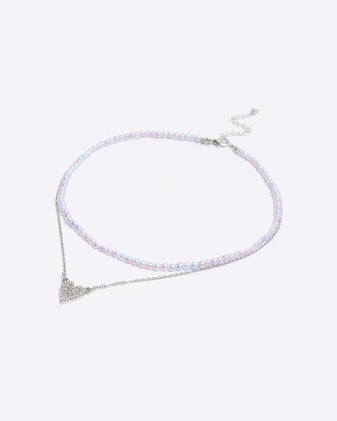 Girls silver coloured beaded heart necklace