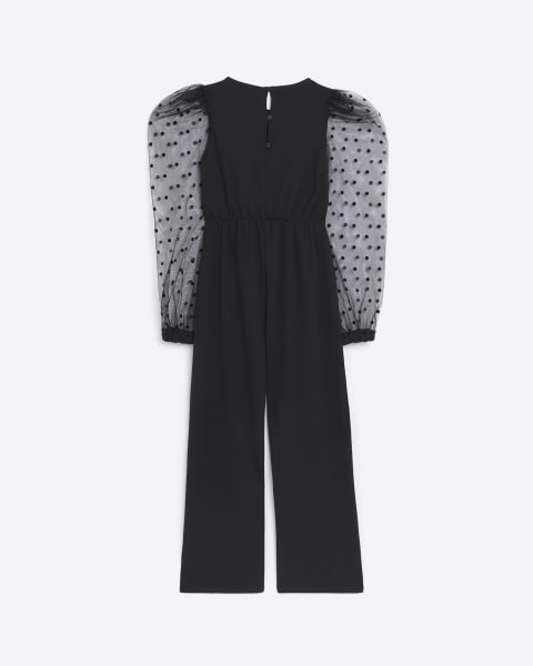 Girls black twisted spot sleeve jumpsuit