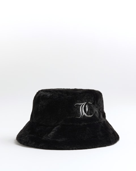 Girls Black JUICY Faux Fur Bucket Hat