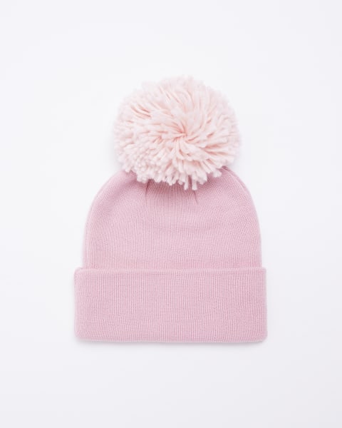 Girls Pink HYPE Logo Pom Pom Beanie Hat